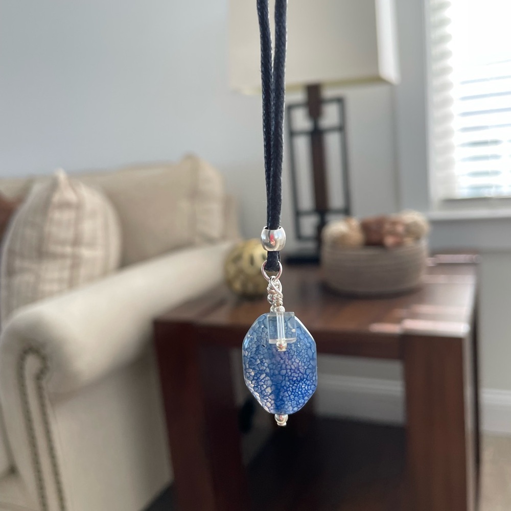 Handmade Pretty Blue Agate Pendant Necklace on 18” Cord